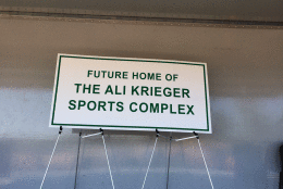 Sign designates 30 acre site in Woodbridge, VA named for Ali Krieger, a member of the 2015 World Cup Champion U.S. Women’s National Soccer Team.  Ali Krieger was born in Alexandria but grew up in Prince William County.  (WTOP/Dick Uliano)