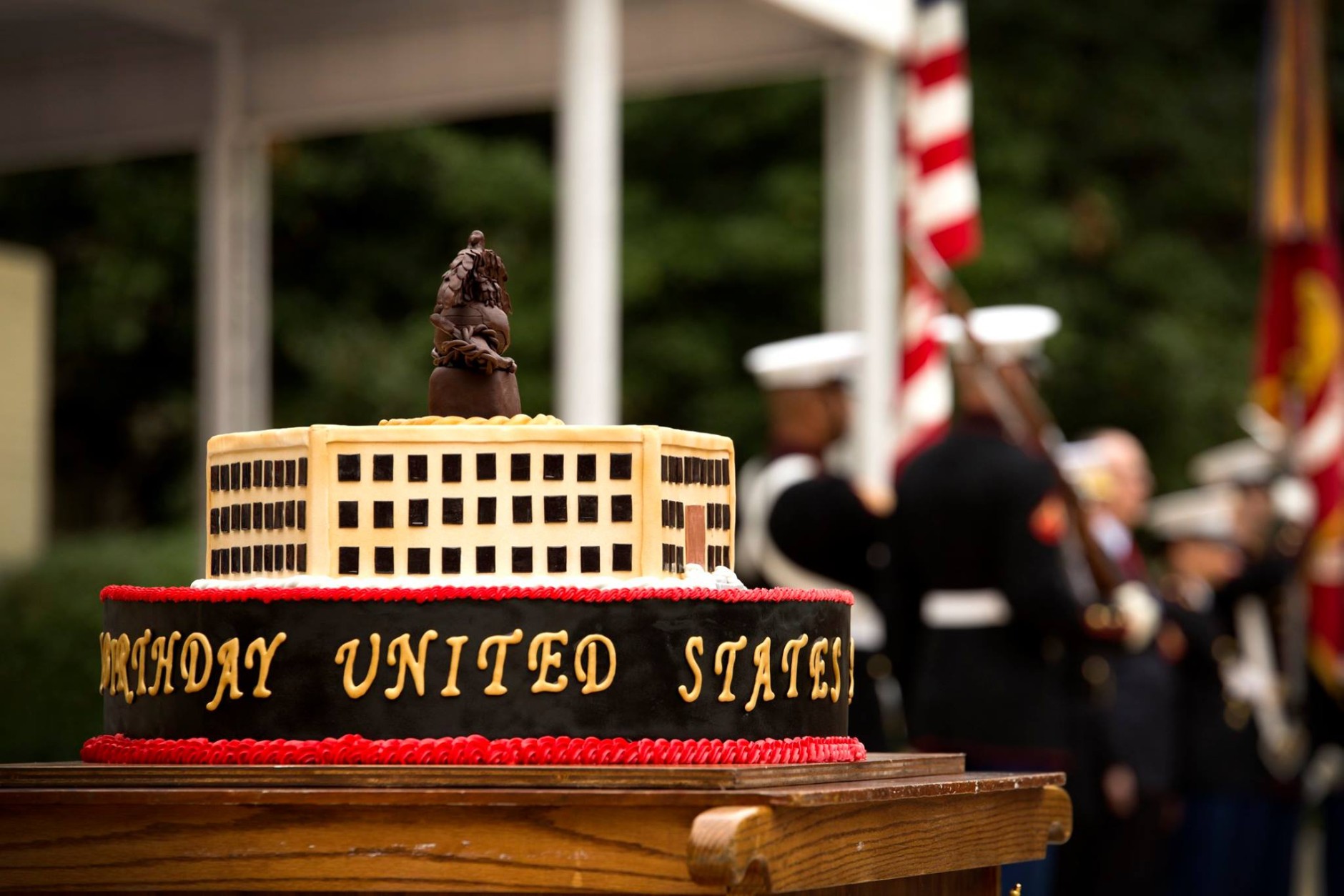 The birthday cake is set aside as the cake cutting ceremony concludes Nov. 9 at the Pentagon. (U.S. Marine Corps photo by Sgt. Lena Wakayama/Released) 