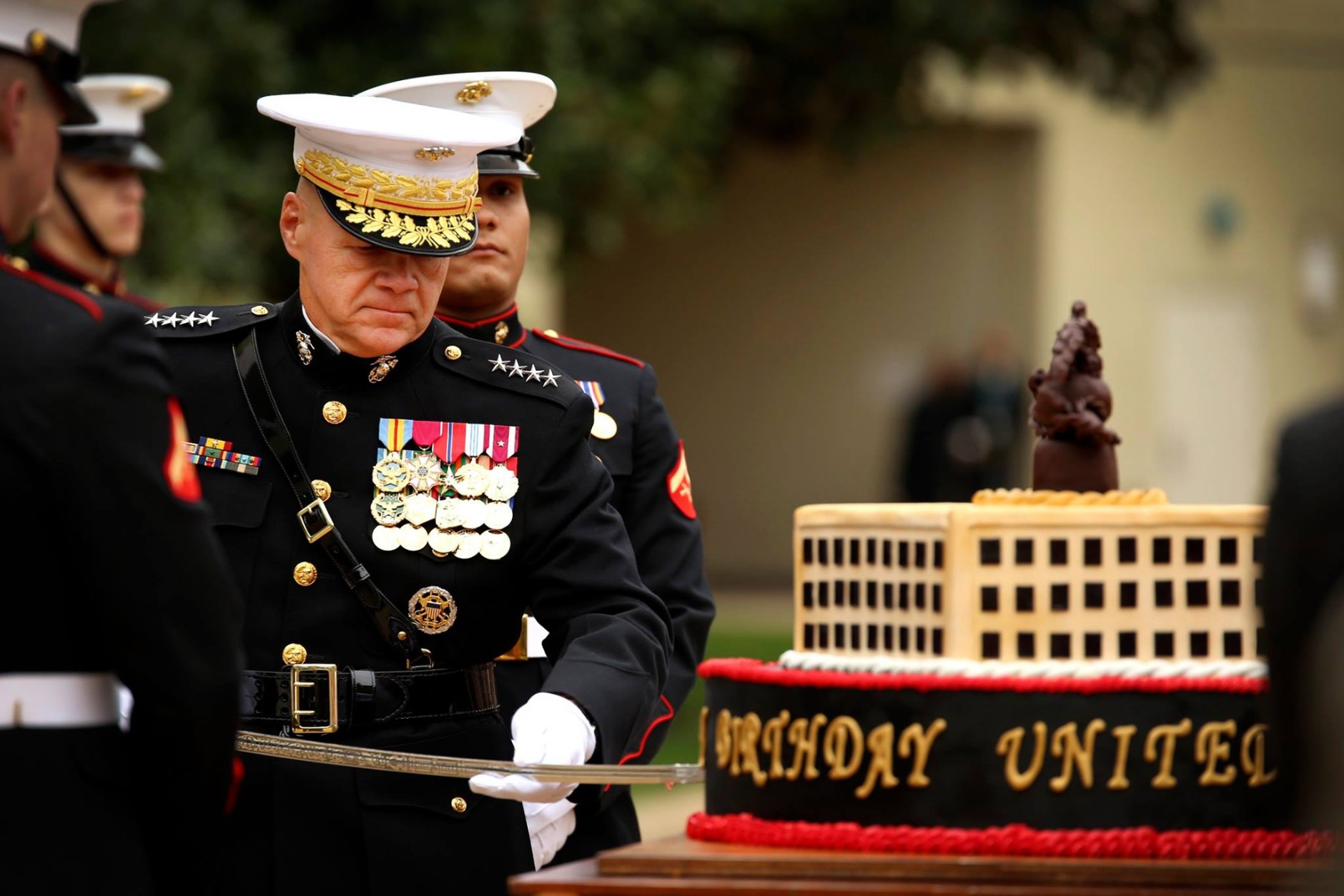Commandant of the Marine Corps Gen. Robert B. Neller cuts the cake Nov. 9 at the Pentagon during the cake cutting ceremony for the Marine Corps’ 240th birthday. Marines worldwide cut a cake in celebration of the birth of the Marine Corps every year. (U.S. Marine Corps photo by 