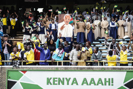 Kenyan believers gather to welcome the Pope at the Kasarani Sports Stadium in Nairobi on November 27, 2015. Pope Francis lashed out at wealthy minorities who hoard resources at the expense of the poor as he visited a crowded Nairobi slum on November 27, wrapping up the first leg of a three nation tour. Pope Francis is on a five-day visit to Kenya, Uganda and Central African Republic (CAR). AFP PHOTO/JENNIFER HUXTA / AFP / Jennifer Huxta        (Photo credit should read JENNIFER HUXTA/AFP/Getty Images)