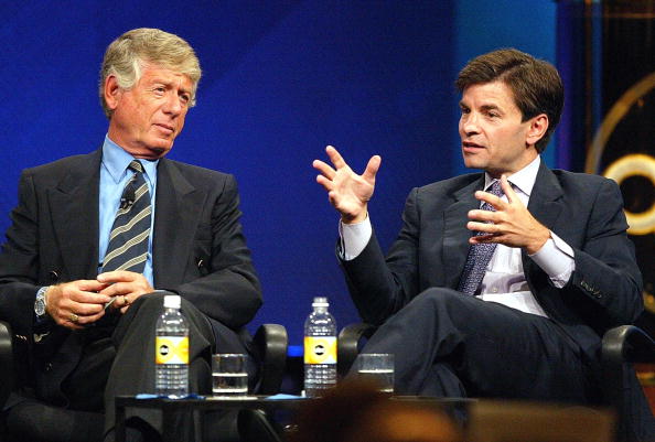 LOS ANGELES - JULY 12:  Anchor of ABC News "Nightline," Ted Koppel (L), and anchor of "This Week," George Stephanopoulos, speak with the press during day one of the ABC Summer TCA Press Tour at the Century Plaza Hotel on June 12, 2004 in Los Angeles, California.  (Photo by Frederick M. Brown/Getty Images)