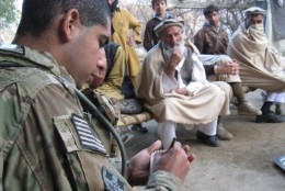 7.	Then-U.S. Army 2nd Lt. Florent Groberg conducts a key leader engagement meeting in Kunar Province, Afghanistan, February 2010. (Photo courtesy of Retired U.S. Army Capt. Florent Groberg)