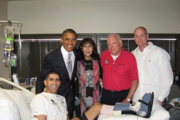9.	Then-U.S. Army Capt. Florent Groberg with his mother, Klara Groberg, father, Larry Groberg, and friend, Matthew Sanders, at Walter Reed National Medical Center with President Barack Obama, Sept. 11, 2012. (Photo courtesy of Retired U.S. Army Capt. Florent Groberg)