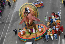 A thanksgiving turkey float goes down 6th Avenue for the 89th annual Macy's Thanksgiving Day Parade as seen from above street level on Thursday, Nov. 26, 2015, in New York. (Photo by Ben Hider/Invision/AP)