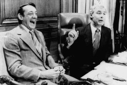 FILE - In this April 1977 file photo, San Francisco Supervisor Harvey Milk, left, and Mayor George Moscone are shown in the mayor's office during the signing of the city's gay rights bill. Officials and LGBT advocates are proposing naming a Salt Lake City street after Milk, one of the first openly gay elected officials in the United States. If passed, the move would be the latest illustration of the progressive nature of Utahs capital city despite being located in a conservative state. (AP Photo/File)