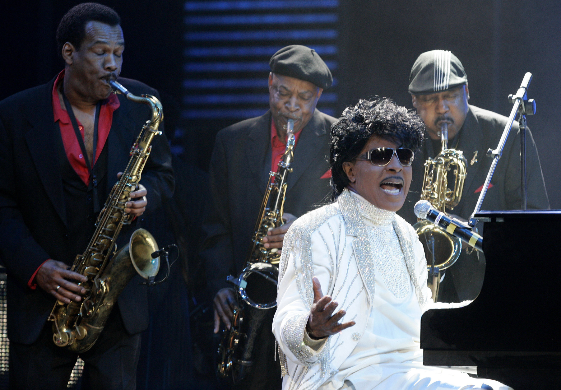 FILE - In this May 30, 2009 file photo, Little Richard performs at The Domino Effect, a tribute concert to New Orleans rock and roll musician Fats Domino, at the New Orleans Arena in New Orleans. Little Richard, the self-proclaimed architect of rock 'n' roll was involved in a car accident in Tenn., but police said there were no injuries. According to a police report, the 81-year-old singer was a passenger in a Cadillac that was struck by another vehicle on Monday, Aug. 25, 2014, in Murfreesboro, Tenn., about 40 miles southeast of Nashville.  (AP Photo/Patrick Semansky, file)