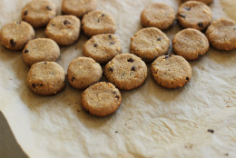 This Oct. 12, 2015, photo, shows peanut butter chocolate chip cookies in Concord, N.H. These cookies have only a few grams of sugar per cookie, as well as a little boost of protein thanks to an ingredient that is becoming surprisingly trendy in desserts: chickpeas. (AP Photo/Matthew Mead)