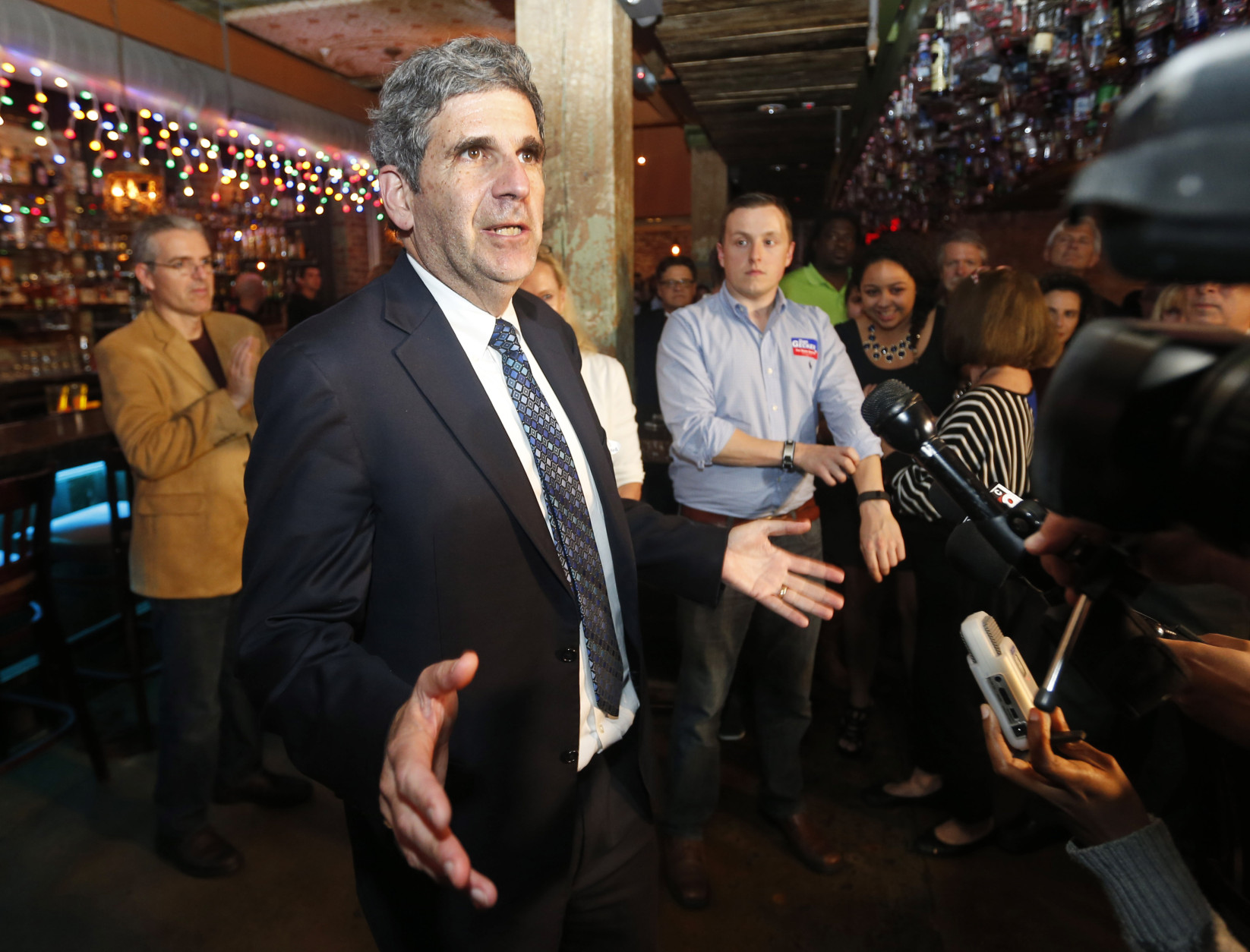 Democrat Dan Gecker speaks to a crowd of supporters at an election party in Richmond, Va., Tuesday, Nov. 3, 2015. Republican Glen Sturtevant narrowly defeated Gecker to hold a seat currently held by retiring GOP Sen. John Watkins. (AP Photo/Steve Helber)