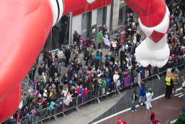 A power Ranger balloon goes down 6th Avenue for the 89th annual Macy's Thanksgiving Day Parade as seen from above street level on Thursday, Nov. 26, 2015, in New York. (Photo by Ben Hider/Invision/AP)