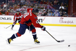 Washington Capitals left wing Alex Ovechkin (8), from Russia, shoots the puck in the first period of an NHL hockey game against the Dallas Stars, Thursday, Nov. 19, 2015, in Washington. (AP Photo/Alex Brandon)
