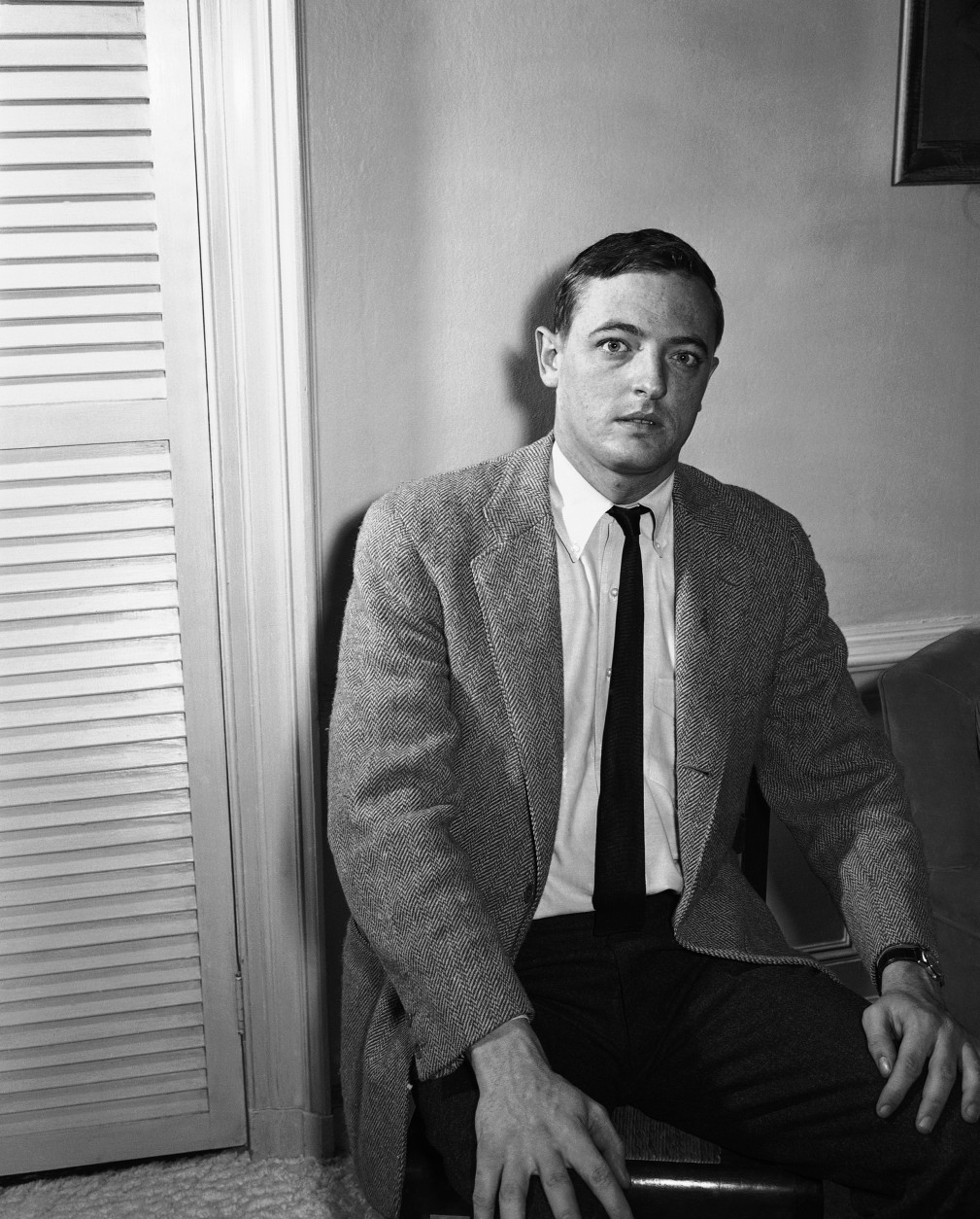 William Buckley, Jr. shown at his Stamford, Ct. , home March 14, 1954 said he was accepted Senator Joseph F. McCarthy's invitation to reply for him to criticism by TV commentator Edward R, Murrow.    Buckley, 28-year-old graduate of Yale University, class of 1950, said he had no further information on whether the CBS network, over which Murrow broadcasts, would accept him as McCarthy's spokesman. (AP Photo/Arnold Walter)