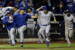 The Kansas City Royals celebrate after Game 5 of the Major League Baseball World Series against the New York Mets Monday, Nov. 2, 2015, in New York. The Royals won 7-2 to win the series.(AP Photo/David J. Phillip)