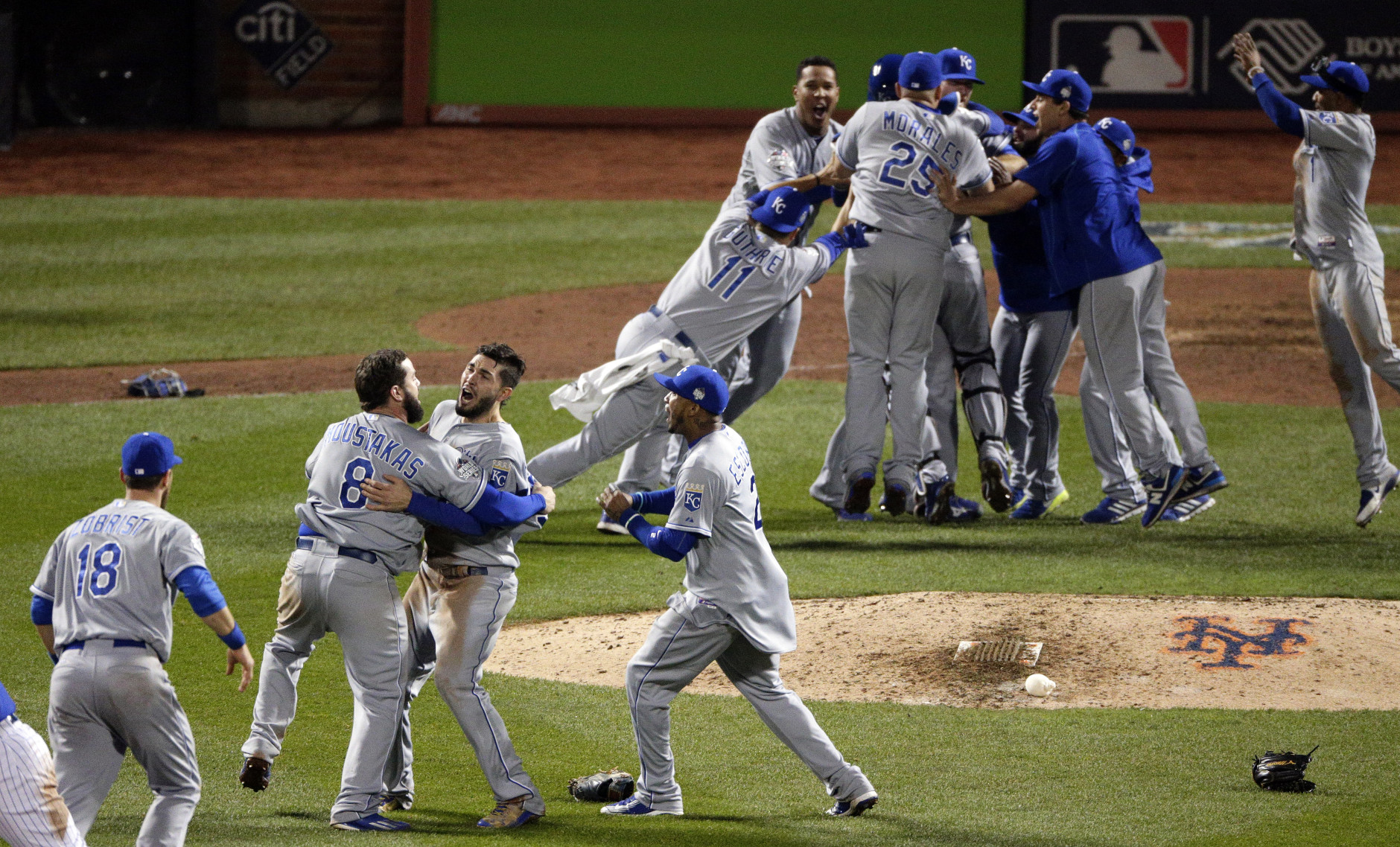 Member of the Kansas City Royals celebrates after Game 5 of the Major League Baseball World Series against the New York Mets Monday, Nov. 2, 2015, in New York. The Royals won 7-2 to win the series. (AP Photo/Charlie Riedel)