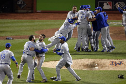 Member of the Kansas City Royals celebrates after Game 5 of the Major League Baseball World Series against the New York Mets Monday, Nov. 2, 2015, in New York. The Royals won 7-2 to win the series. (AP Photo/Charlie Riedel)