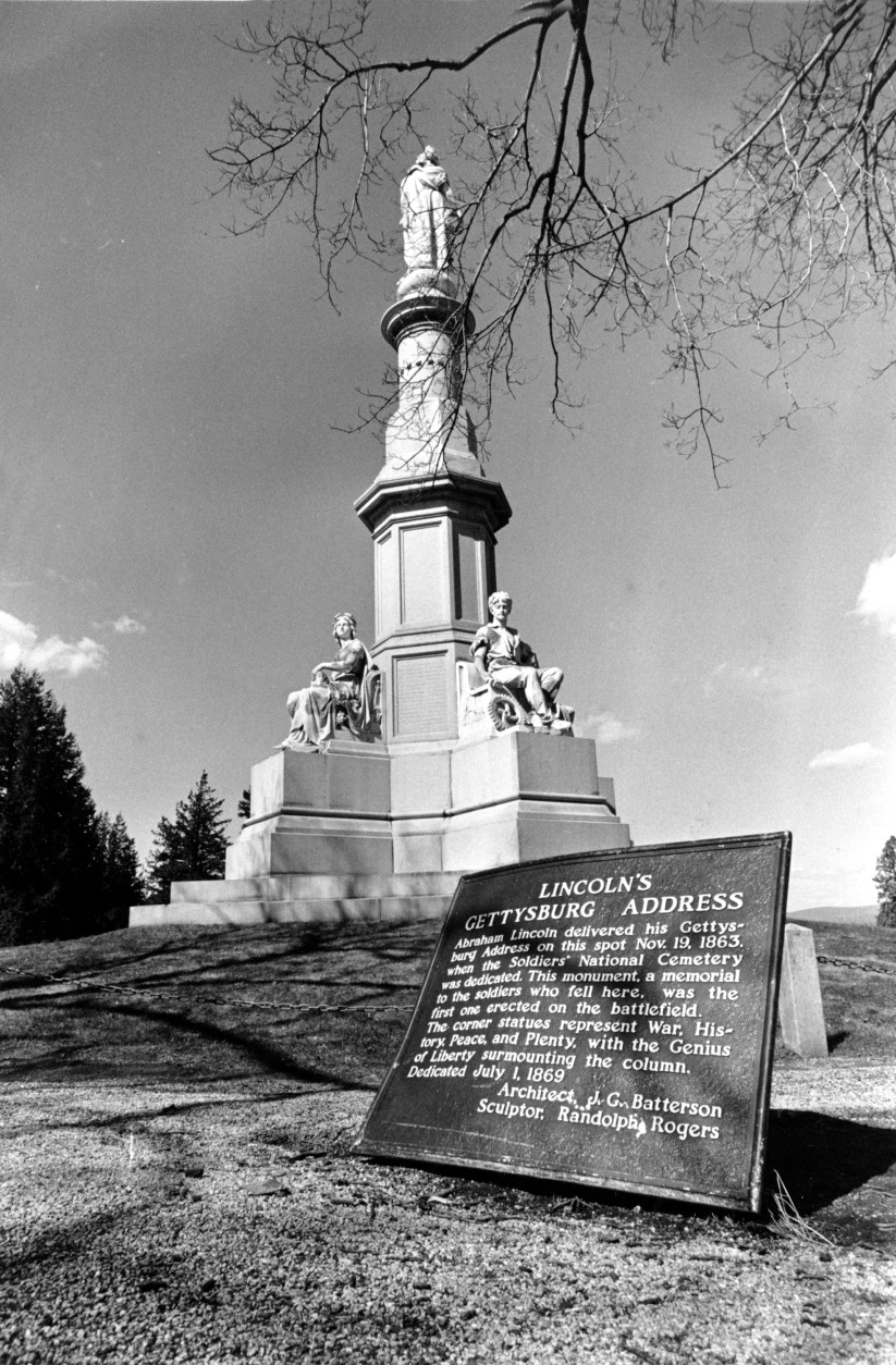 The memorial dedicated to the soldiers who fell at Gettysburg, Pa., during the American Civil War is seen on March 24, 1971.  On this site U.S. President Abraham Lincoln delivered his Gettysburg Address when he dedicated the cemetery on Nov. 19, 1863.  (AP photo)