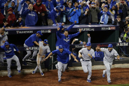 The Kansas City Royals celebrate after Game 5 of the Major League Baseball World Series against the New York Mets Monday, Nov. 2, 2015, in New York. The Royals won 7-2 to win the series. (AP Photo/Frank Franklin II)
