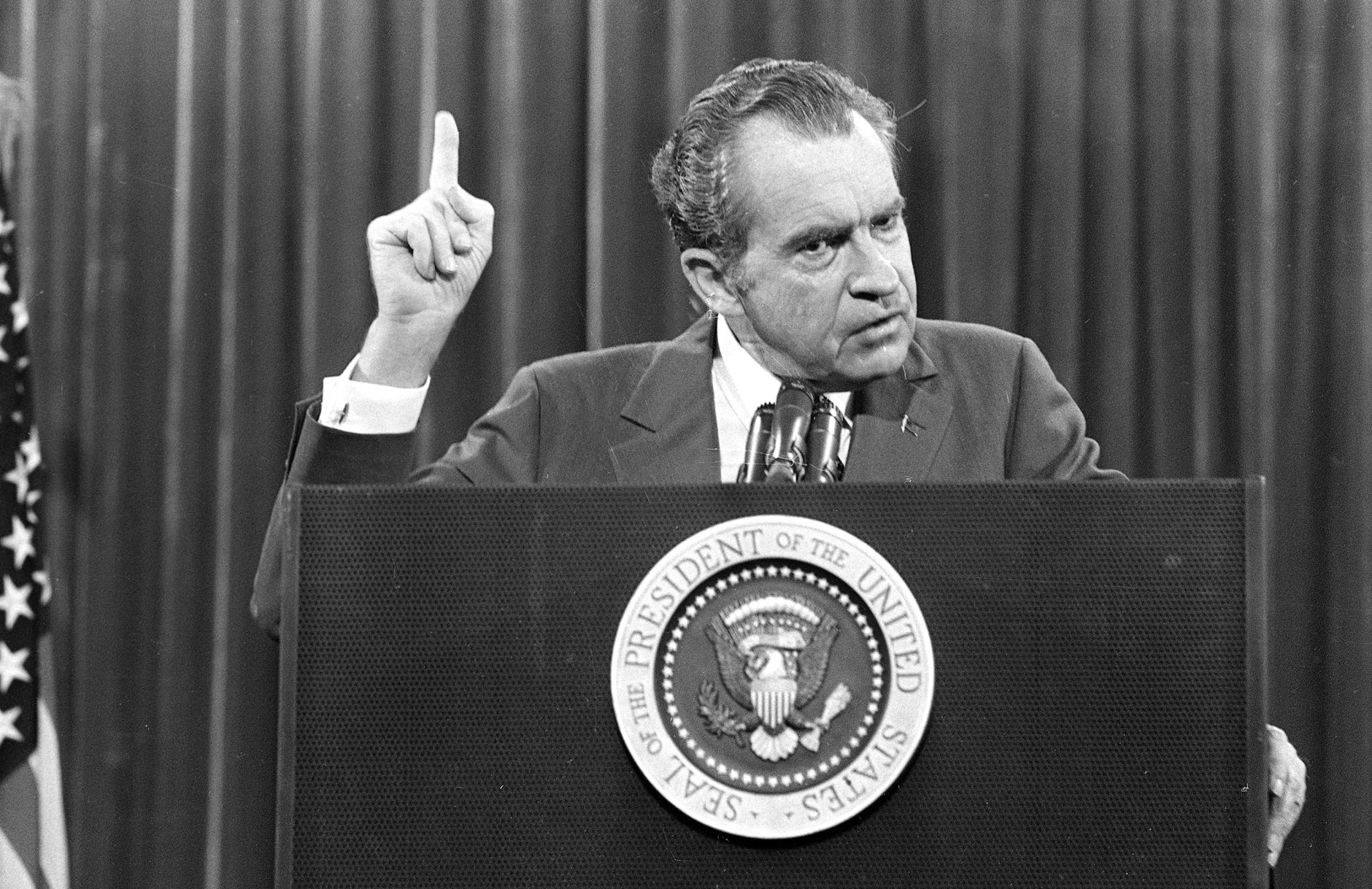 President Richard Nixon speaks near Orlando, Fla. to the Associated Press Managing Editors annual meeting, Nov. 17, 1973.  Nixon told the APME "I am not a crook." (AP Photo)