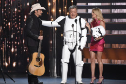 Brad Paisley, from left, William Shatner and Carrie Underwood perform a skit at the 49th annual CMA Awards at the Bridgestone Arena on Wednesday, Nov. 4, 2015, in Nashville, Tenn. (Photo by Chris Pizzello/Invision/AP)