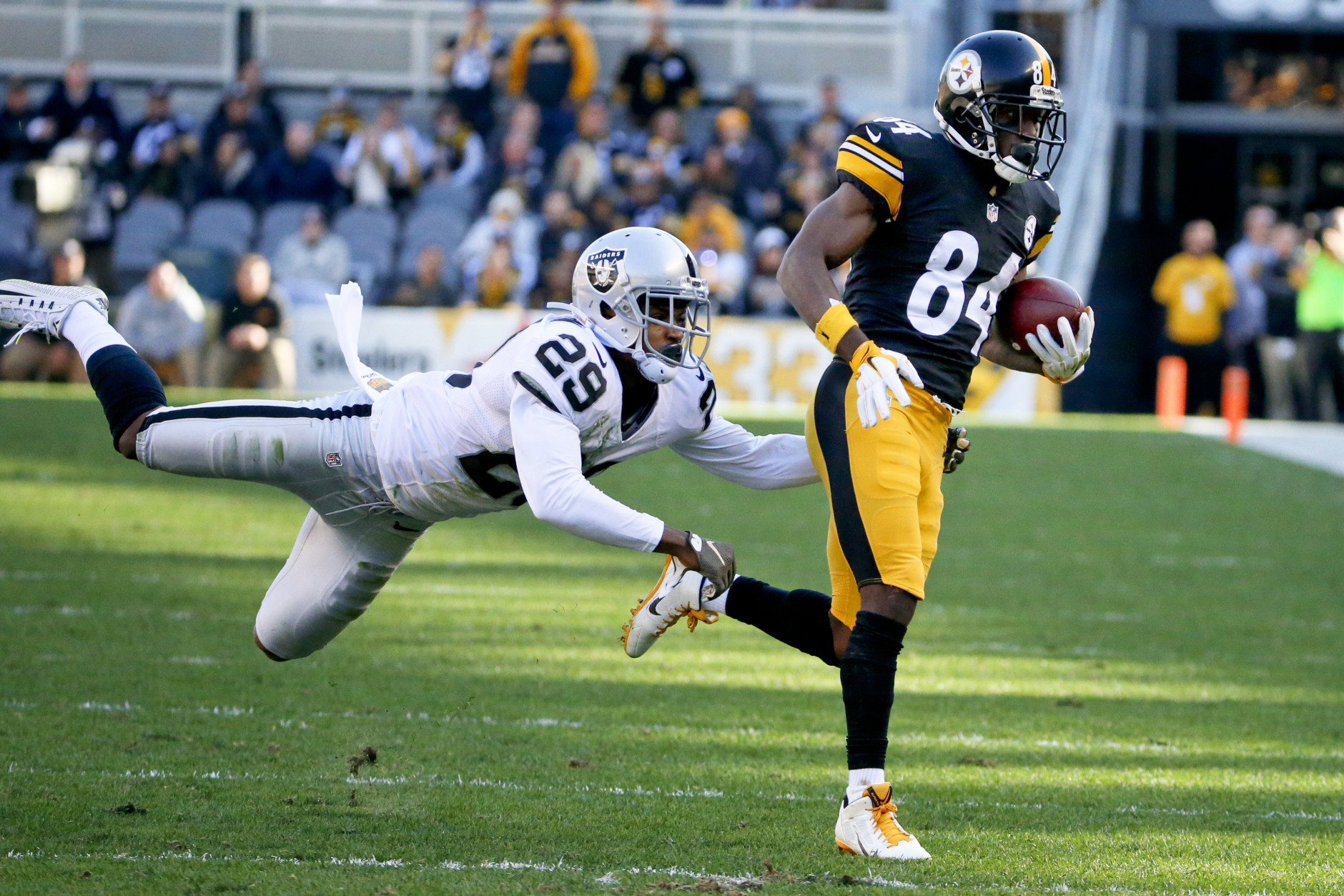 Pittsburgh Steelers wide receiver Antonio Brown (84) makes a catch past Oakland Raiders cornerback David Amerson (29) in the first half of an NFL football game Sunday, Nov. 8, 2015, in Pittsburgh. (AP Photo/Gene J. Puskar)