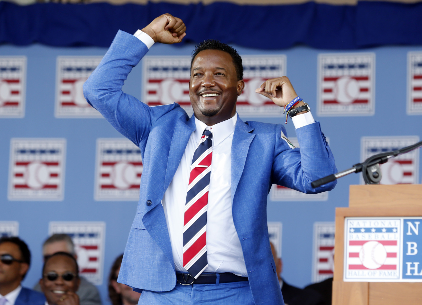 National Baseball Hall of Fame inductee Pedro Martinez  is introduced during an induction ceremony at the Clark Sports Center on Sunday, July 26, 2015, in Cooperstown, N.Y. (AP Photo/Mike Groll)