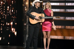 Brad Paisley, left, and Carrie Underwood perform during the opening monologue at the 49th annual CMA Awards at the Bridgestone Arena on Wednesday, Nov. 4, 2015, in Nashville, Tenn. (Photo by Chris Pizzello/Invision/AP)
