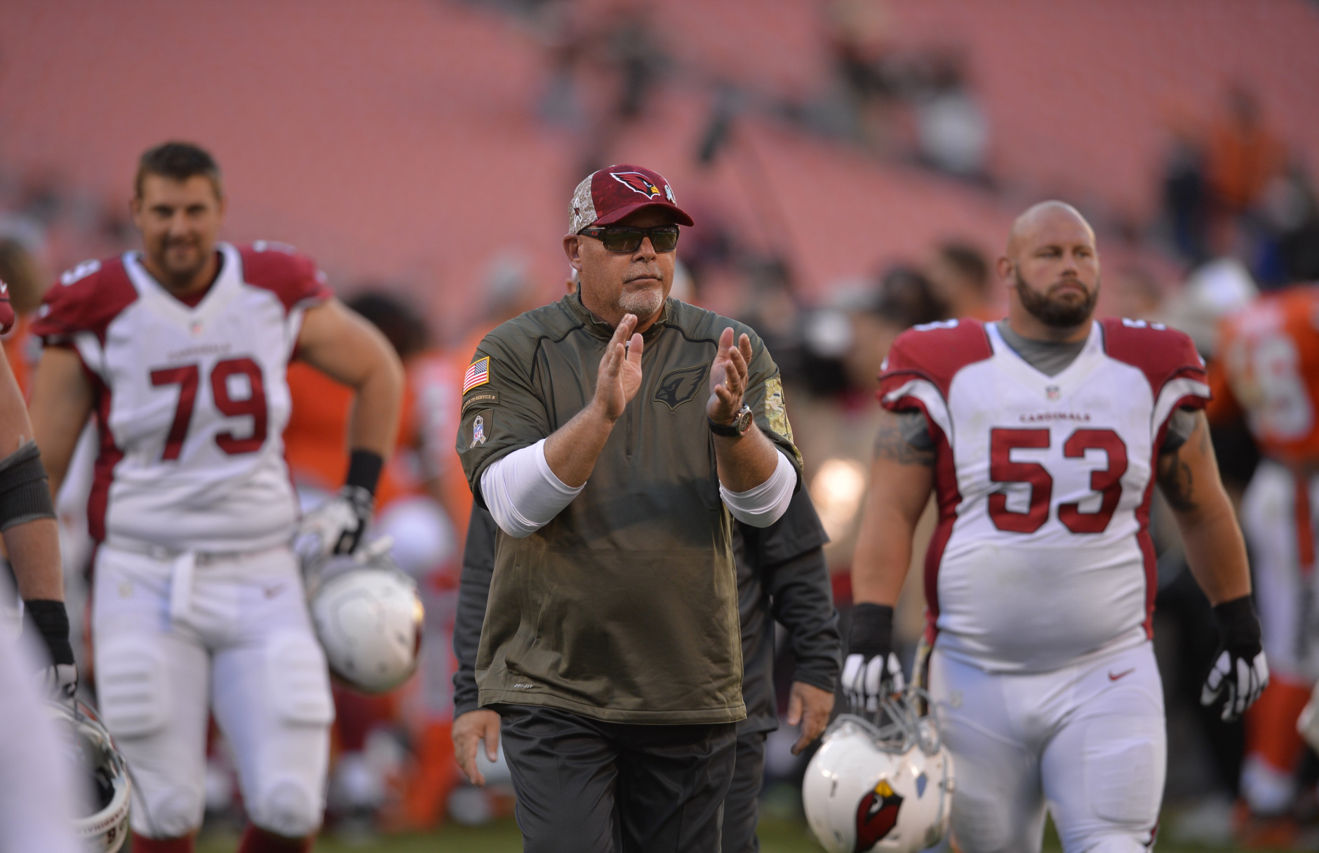 Arizona Cardinals head coach Bruce Arians celebrates after the Cardinals defeated the Cleveland Browns 34-20 in an NFL football game Sunday, Nov. 1, 2015, in Cleveland. (AP Photo/David Richard)