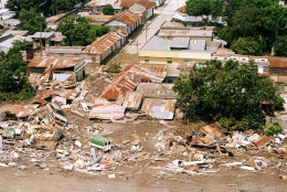 Aerial view shows destruction of mud flow in Armero, Colombia in the aftermath of the volcanic eruption of Nevado del Ruiz, Nov. 18, 1985. (AP Photo/Carlos Osorio)