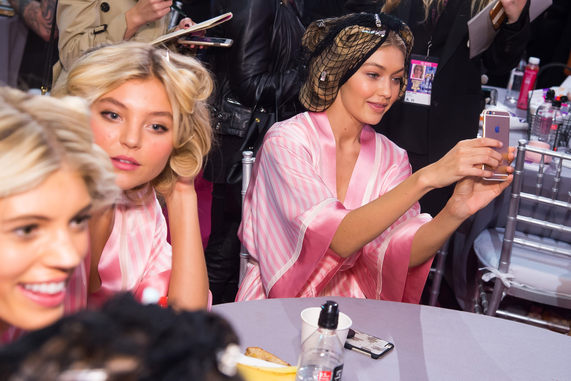 Gigi Hadid appears backstage in hair and makeup at the 2015 Victoria Secret Fashion Show at the Lexington Armory on Tuesday, Nov. 10, 2015, in New York. The Victorias Secret Fashion Show will air on CBS on Tuesday, December 8th at 10pm EST. (Photo by Charles Sykes/Invision/AP)