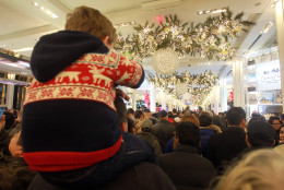 IMAGE DISTRIBUTED FOR MACY'S - Eager shoppers pour into the Macy's Herald Square flagship store upon store opening for "Black Friday" 2015 on Thursday, Nov. 26, 2015 in New York. On Thanksgiving at 6pm, most Macys stores across the country opened its doors to thousands of early bird shoppers in search of sales, door buster deals and limited-time-offers. (Donald Traill/ AP Images for Macy's)