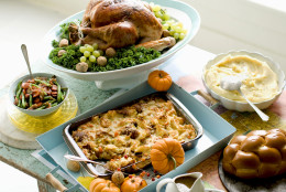In this image taken on Oct. 2, 2012, plain Jane turkey and gravy, cheesy stuffing, buttery mashed potatoes, sweet and sour glazed carrots, and green beans are shown in Concord, N.H. (AP Photo/Matthew Mead)