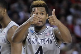 Georgetown guard D'Vauntes Smith-Rivera gestures during the second half of an NCAA college basketball second round game against Eastern Washington in Portland, Ore., Thursday, March 19, 2015. Smith-Rivera scored 25 points as Georgetown won 84-74. (AP Photo/Craig Mitchelldyer)