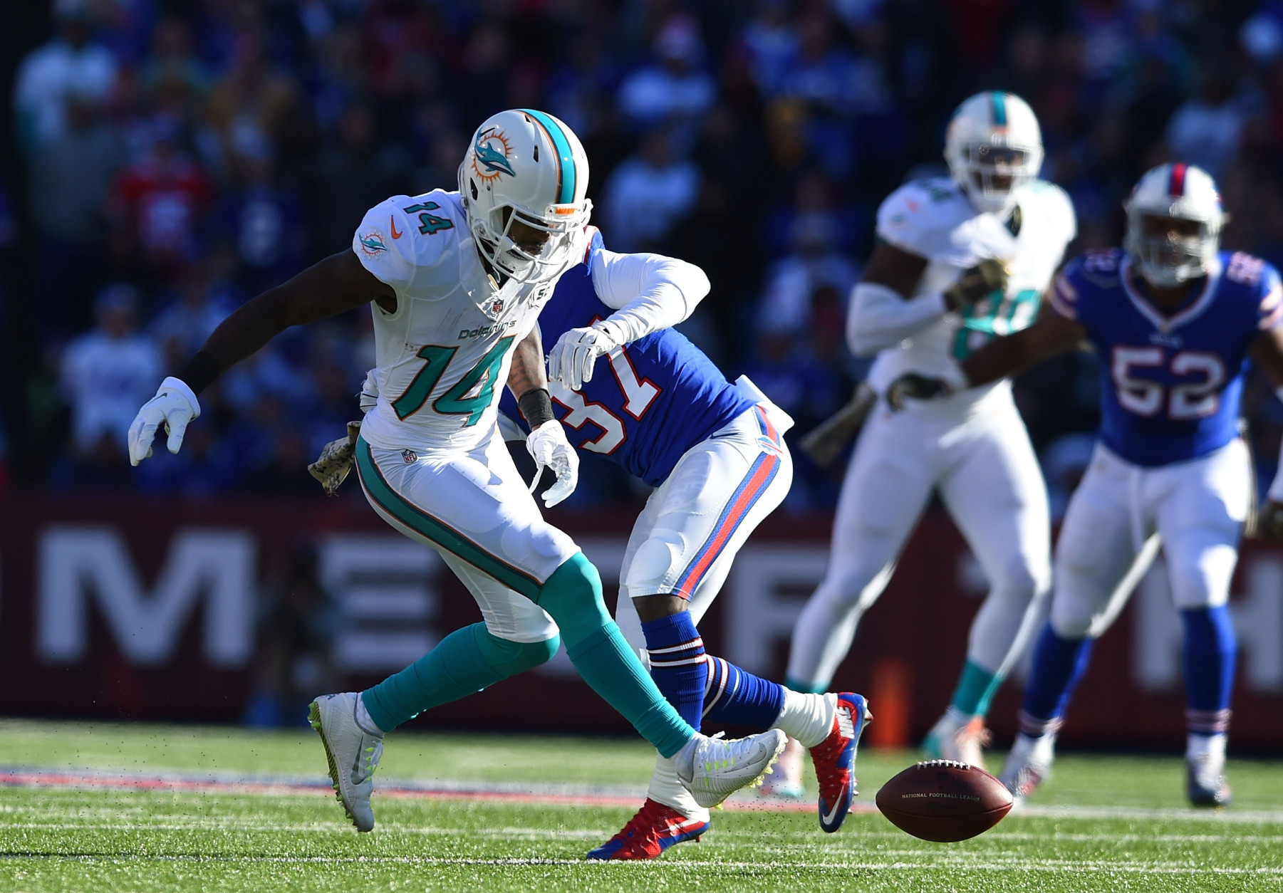 ORCHARD PARK, NY - NOVEMBER 08:   Nickell Robey #37 of the Buffalo Bills breaks up a reception meant for  Jarvis Landry #14 of the Miami Dolphins during the first half at Ralph Wilson Stadium on November 8, 2015 in Orchard Park, New York.  (Photo by Rich Barnes/Getty Images)