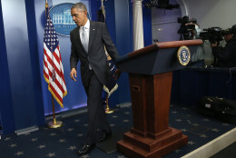 WASHINGTON, DC - NOVEMBER 13:  U.S. President Barack Obama departs the White House briefing room after delivering remarks on the recent violence taking place in Paris, France November 13, 2015 in Washington, DC. Gunfire and explosions erupted in the French capital with early casualty reports indicating at least 60 dead.  (Photo by Win McNamee/Getty Images)