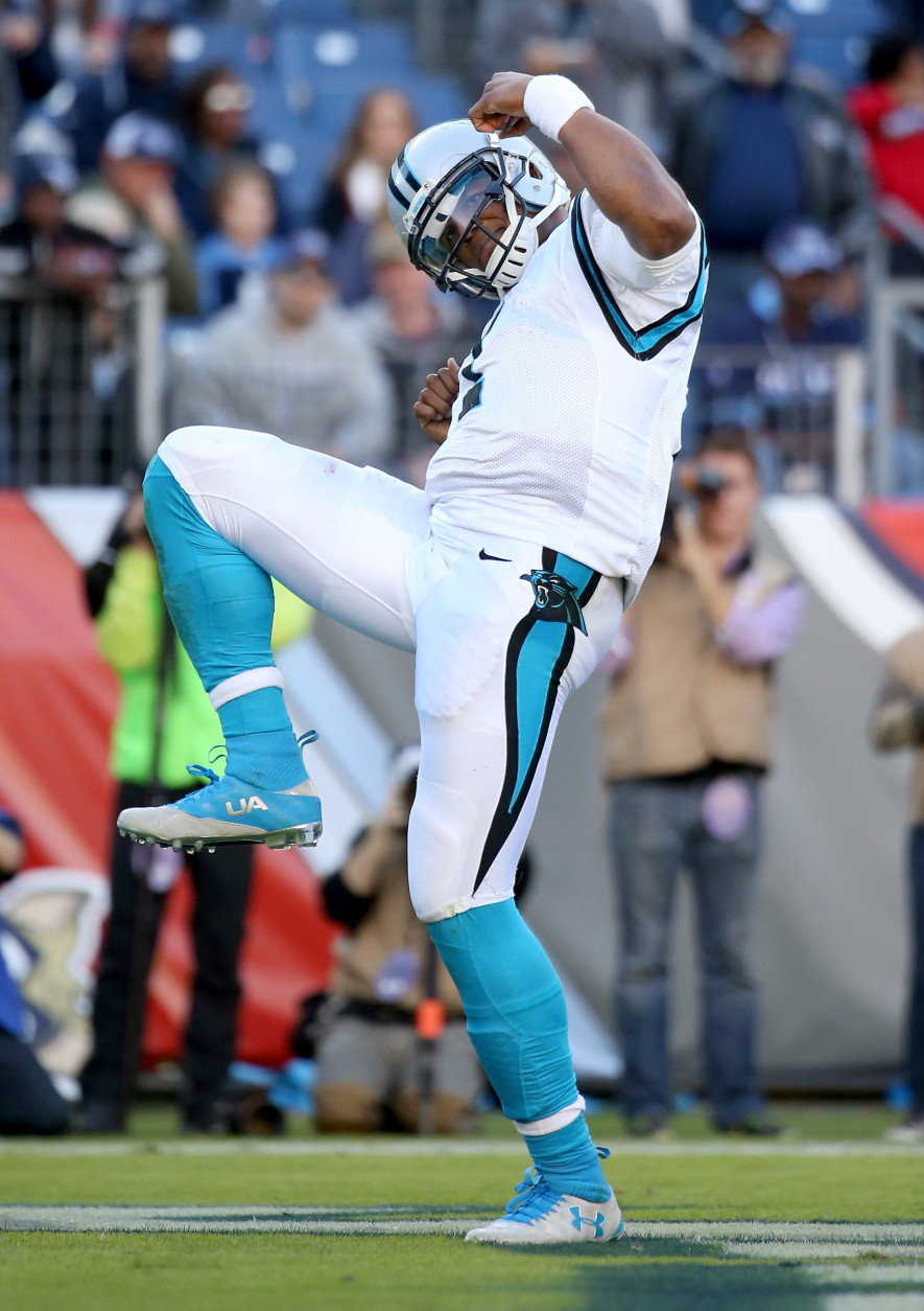 NASHVILLE, TN - NOVEMBER 15:  Cam Newton #1 of the Carolina Panthers celebrates after scoring a touchdown during the second half against the Tennessee Titans at LP Field on November 15, 2015 in Nashville, Tennessee.  (Photo by Andy Lyons/Getty Images)