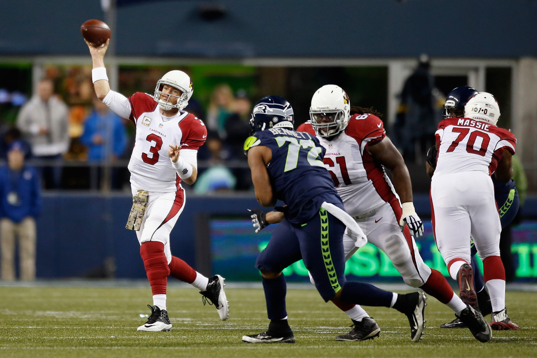 SEATTLE, WA - NOVEMBER 15:  Carson Palmer #3 of the Arizona Cardinals throws a pass during the first half against the Seattle Seahawks at CenturyLink Field on November 15, 2015 in Seattle, Washington.  (Photo by Otto Greule Jr/Getty Images)