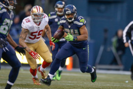 SEATTLE, WA - NOVEMBER 22:  Running back Thomas Rawls #34 of the Seattle Seahawks rushes against the San Francisco 49ers at CenturyLink Field on November 22, 2015 in Seattle, Washington. The Seahawks defeated the 49ers 29-13.  (Photo by Otto Greule Jr/Getty Images)