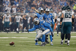 DETROIT, MI - NOVEMBER 26: Ezekiel Ansah #94 of the Detroit Lions celebrates a third quarter sack while playing the Philadelphia Eagles at Ford Field on November 26, 2015 in Detroit, Michigan. (Photo by Gregory Shamus/Getty Images)