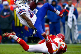 KANSAS CITY, MO - NOVEMBER 29:  Marcus Thigpen #11 of the Buffalo Bills is upended by defensive back Daniel Sorensen #49 of the Kansas City Chiefs on a kickoff return during the game at Arrowhead Stadium on November 29, 2015 in Kansas City, Missouri.  (Photo by Jamie Squire/Getty Images)