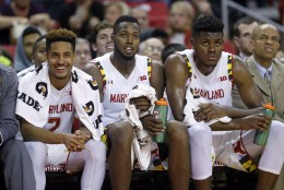 Maryland guard Melo Trimble, from left, forward Robert Carter and center Diamond Stone watch from the bench in the second half of an NCAA college basketball exhibition game against Southern New Hampshire, Friday, Nov. 6, 2015, in College Park, Md. (AP Photo/Patrick Semansky)