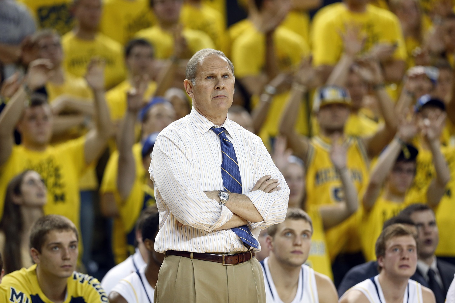 Michigan Wolverines head coach John Beilein watches against Wayne State in the second half of an exhibition NCAA basketball game in Ann Arbor, Mich., Monday, Nov. 4, 2013. (AP Photo/Paul Sancya)