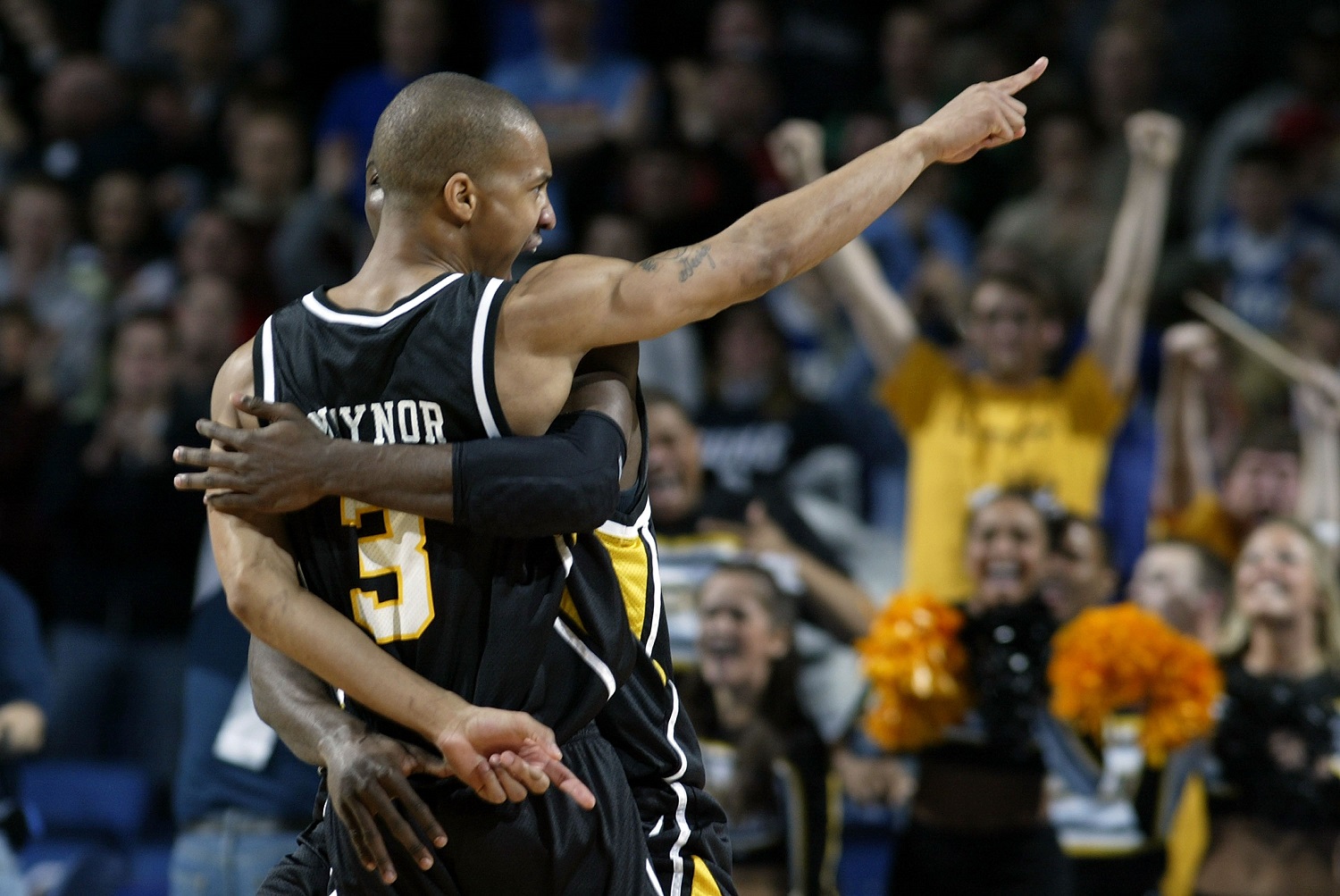 BUFFALO, NY - MARCH 15:  Eric Maynor #3 of the Virginia Commonwealth Rams celebrates with teammate Franck Ndongo #21 after beating the Duke Blue Devils during round one of the NCAA Men's Basketball Tournament at the HSBC Arena on March 15, 2007  in Buffalo, New York.  (Photo by Rick Stewart/Getty Images)