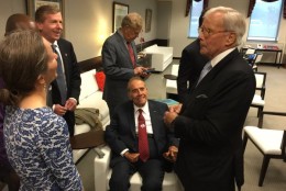Marion Watkins, Sen. Bob Dole and Tom Brokaw chat before the Legacy Lecture. (WTOP/Kristi King)