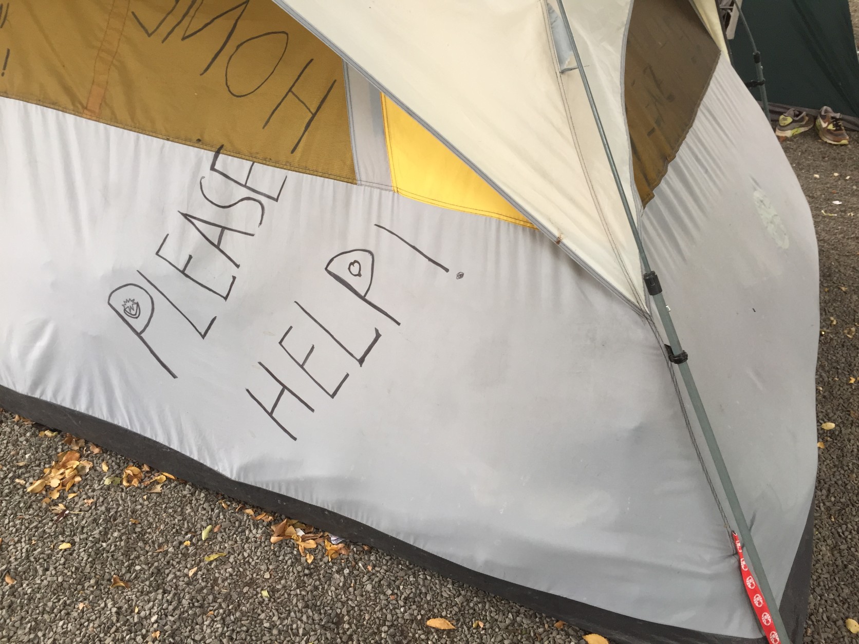 On Monday afternoon, 14 tents, some with multiple rooms, dotted the grassy area just north of the Watergate.

It's unclear how many recently became homeless. All said the tents -- which appear new -- were donated. (WTOP/Andrew Mollenbeck)