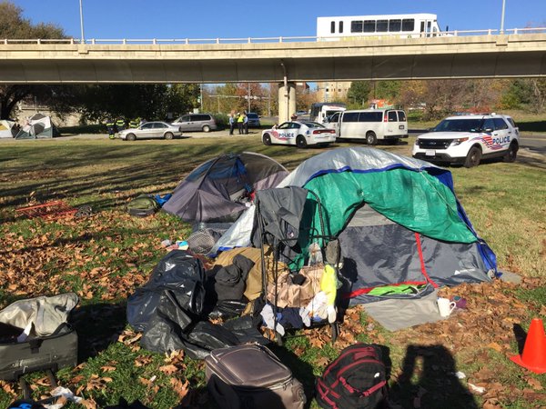 There's a long brewing standoff between D.C. officials and tenants of a homeless encampment along Rock Creek Parkway. On Monday, an official said the camp is illegal. Tenants aren't budging. (WTOP/Kristi King)