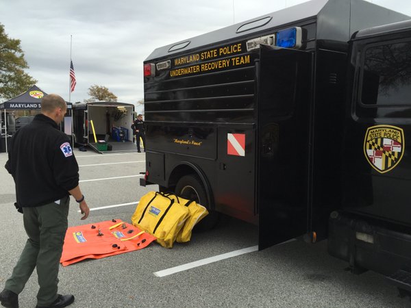 Air bags next to a Maryland State Police dive team truck attach to sunken items, inflated to aid boats, planes and cars to surface. (WTOP/Kristi King)