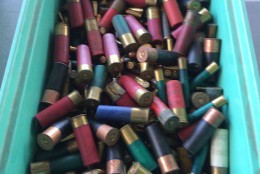 This tub of shotgun shells and other ammunition — including high capacity magazines — were turned in during a gun buy back event in Prince George’s County, Md., on Saturday, Nov. 21, 2015. (WTOP/Dick Uliano)