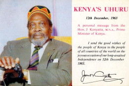 A postcard issued by the government of Jomo Kenyatta to mark Kenya's formal independence on 12th December 1963. The message reads ' I send the good wishes of the people of Kenya to the people of all countries in the World on the joyous occasion of our long-awaited independence on 12th December 1963'.  (Photo by Epics/Getty Images)