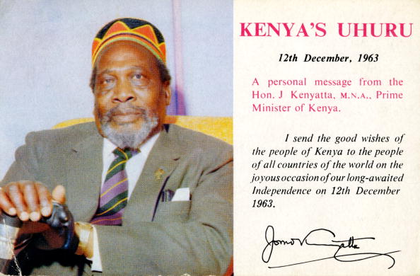 A postcard issued by the government of Jomo Kenyatta to mark Kenya's formal independence on 12th December 1963. The message reads ' I send the good wishes of the people of Kenya to the people of all countries in the World on the joyous occasion of our long-awaited independence on 12th December 1963'.  (Photo by Epics/Getty Images)