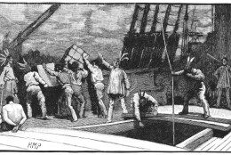UNSPECIFIED - CIRCA 1754: Boston Tea Party, 26 December 1773. Inhabitants of Boston, Massachusetts, dressed as American Indians, throwing tea from vessels in the harbour into the water as a protest against British taxation. No taxation without representation. Wood engraving, late 19th century. (Photo by Universal History Archive/Getty Images)