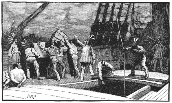 UNSPECIFIED - CIRCA 1754: Boston Tea Party, 26 December 1773. Inhabitants of Boston, Massachusetts, dressed as American Indians, throwing tea from vessels in the harbour into the water as a protest against British taxation. No taxation without representation. Wood engraving, late 19th century. (Photo by Universal History Archive/Getty Images)